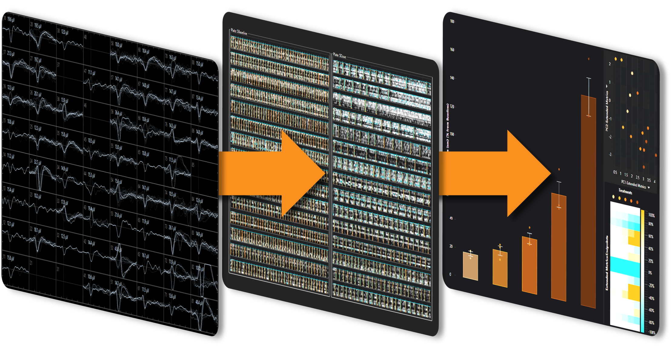 Three software screens highlighting 96-well MEA data being processed with an efficient workflow