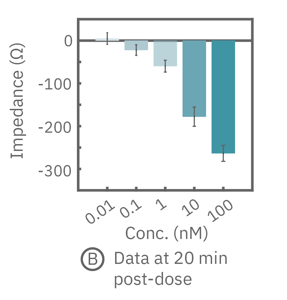 Impedance measurement at 20 mins post dose of different concentrations of isoproterenol.