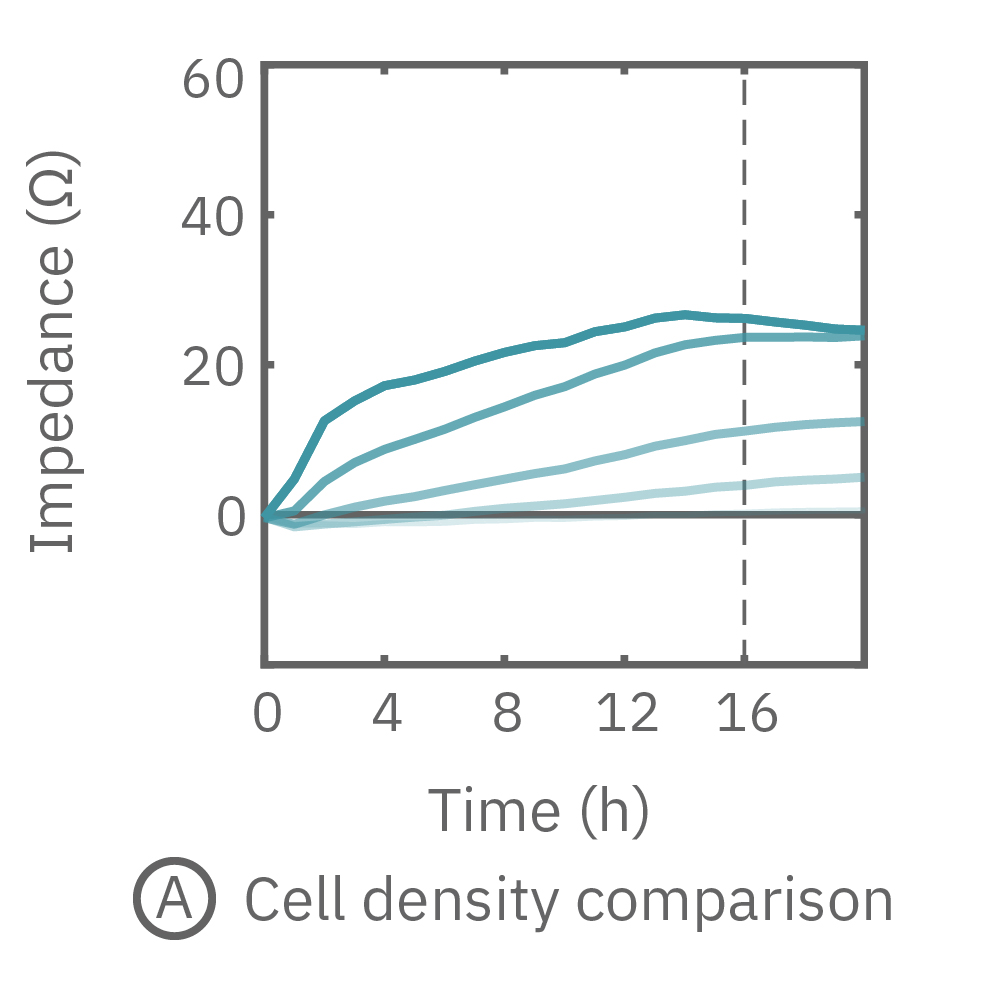 HeLa cells were seeded on a CytoView-Z plate at varying densities and the impedance was continuously monitored by the Maestro Z