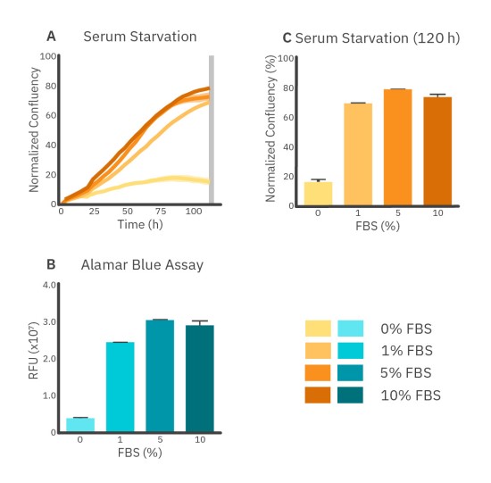  Comparison between the real-time confluency assay and the Alamar Blue end-point assay for serum starvation of A549 cells