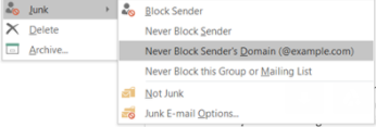 Outlook selections to add email to safe sender list