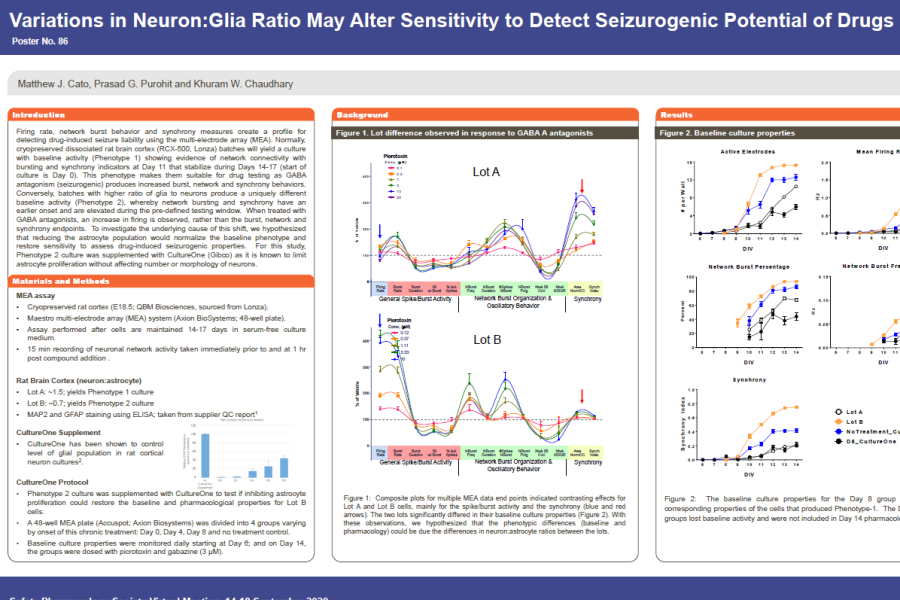 SPS 2020 Poster on Variations in Neuron:Glia Ratio May Alter Sensitivity to Detect Seizurogenic Potential of Drugs