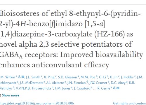 (2018) Witkin et al.  Bioisosteres of Ethyl 8-Ethynyl-6-(Pyridin-2-yl)-4H- benzo[f]imidazo [1, 5-a][1,4]diazepine-3-carboxylate (HZ-166) as Novel Alpha 2,3 Selective Potentiators of GABAA Receptors: Improved Bioavailability Enhances Anticonvulsant Efficacy